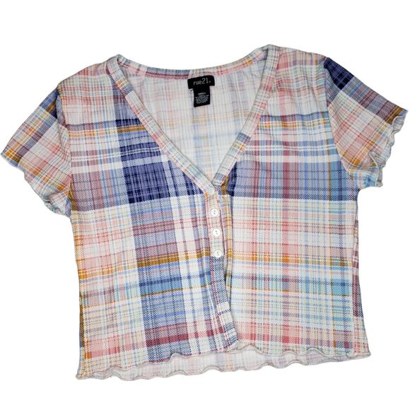 Rue21 Plaid Crop Top Pastel Button Up Short Sleeve Blue Pink White Orange Small - Picture 1 of 7